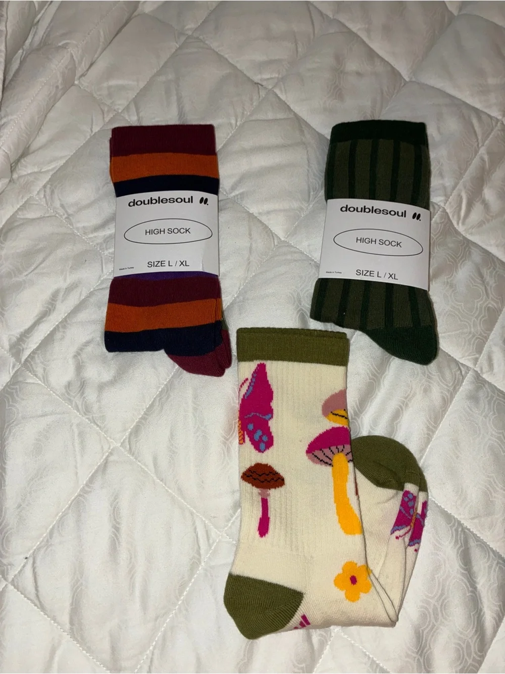 Doublesoul Socks -set of 3 Olive Green, Multicolor & Cream Pattern - Sz L/XL